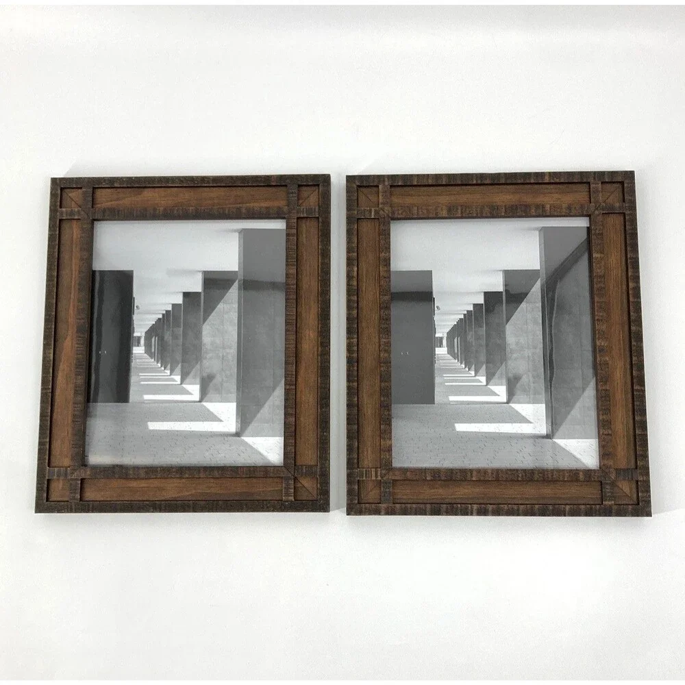 Pair Rustic Dark Brown Wooden Inset Geometric Border Picture Photo Frames 8x10
